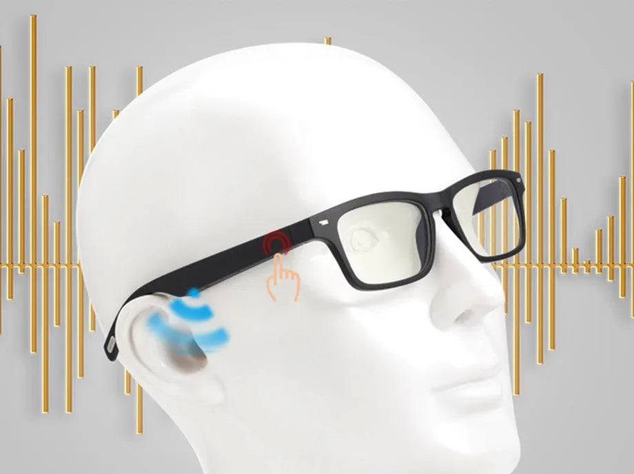 Unisex smart glasses with Bluetooth audio and semi-open ear speakers on a PC+ABS frame.