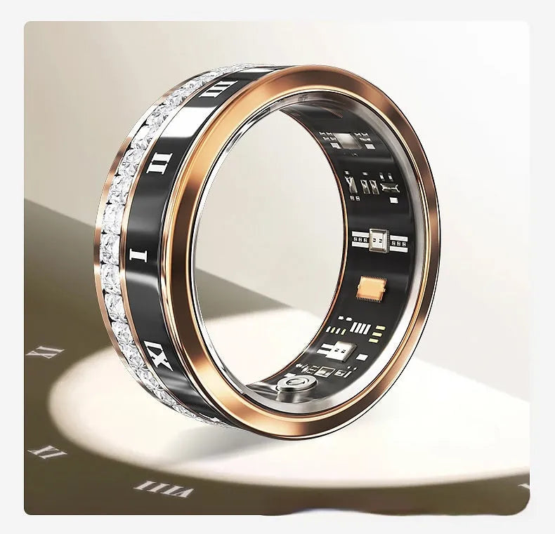 Gold and silver smart rings with diamond inlays displaying blood oxygen monitoring technology on a finger.