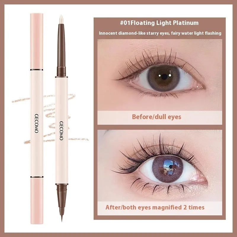 Liquid eyeliner pen with double headed silkworm brush tip in pearlescent colours