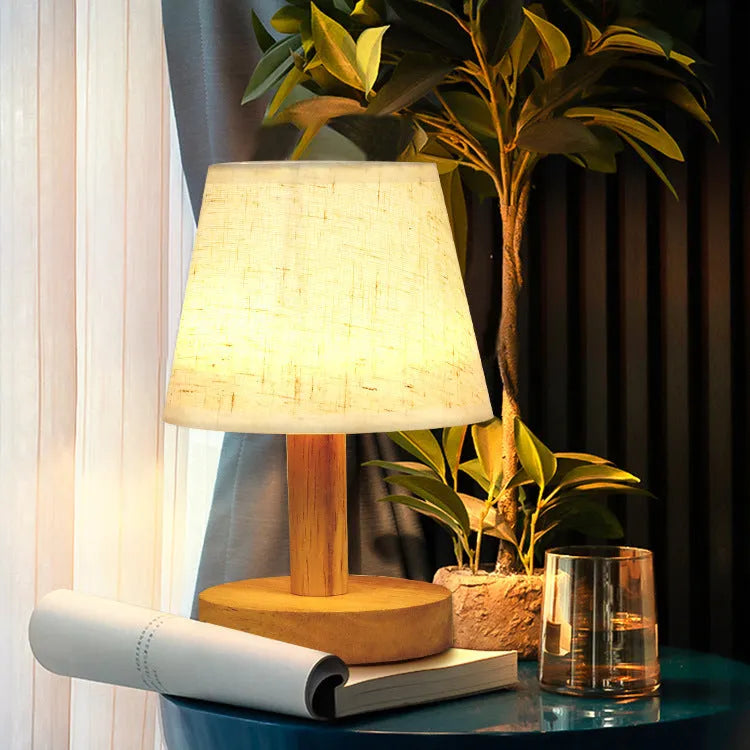 Vintage pleated jute and linen table lamp with bamboo holder and USB charging cable