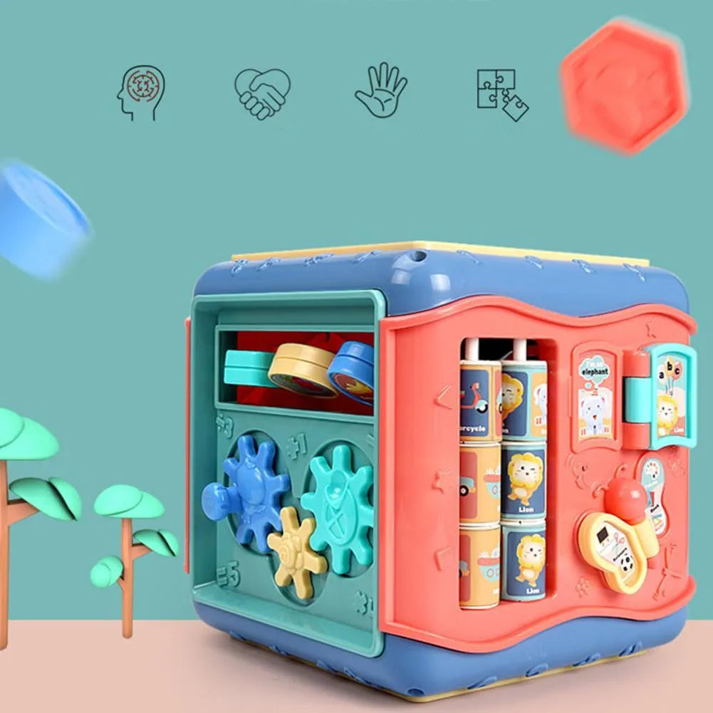 17cm hexahedron educational toy cube showing bead maze, gear connections, and clock face activities
