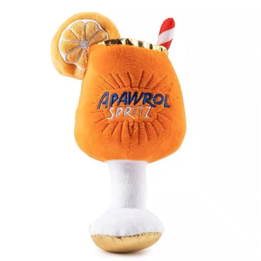 Yellow plush squeaky dog toy shaped like a beer bottle cup with textured surface