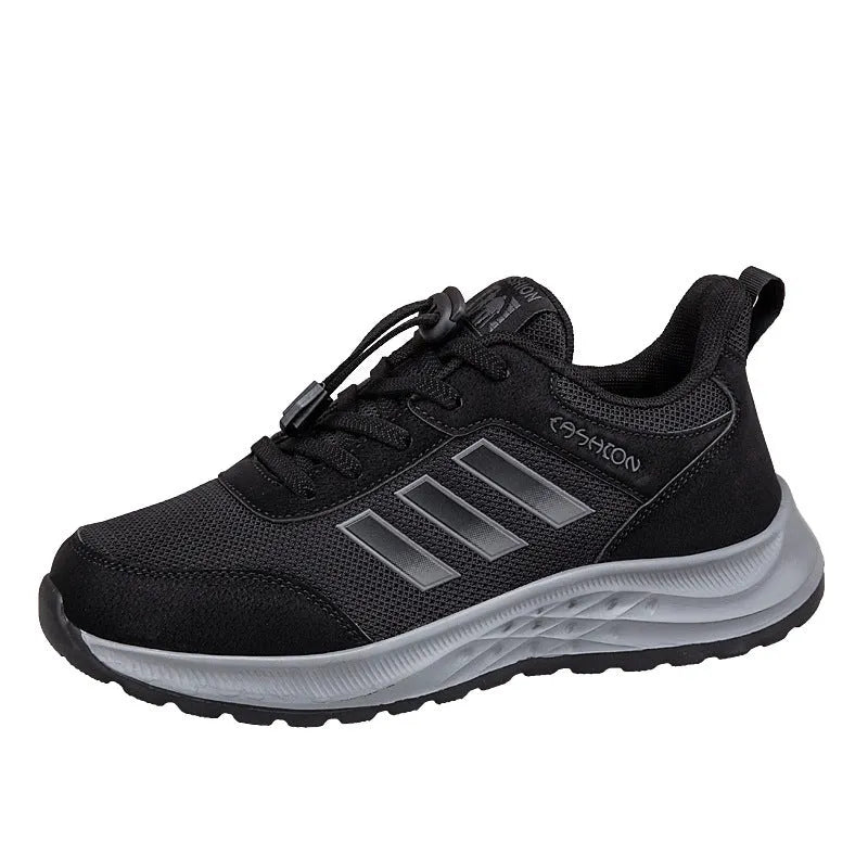 Breathable non-slip mum shoes with mesh upper and elastic band in black, dark grey, purple, and purplish red.