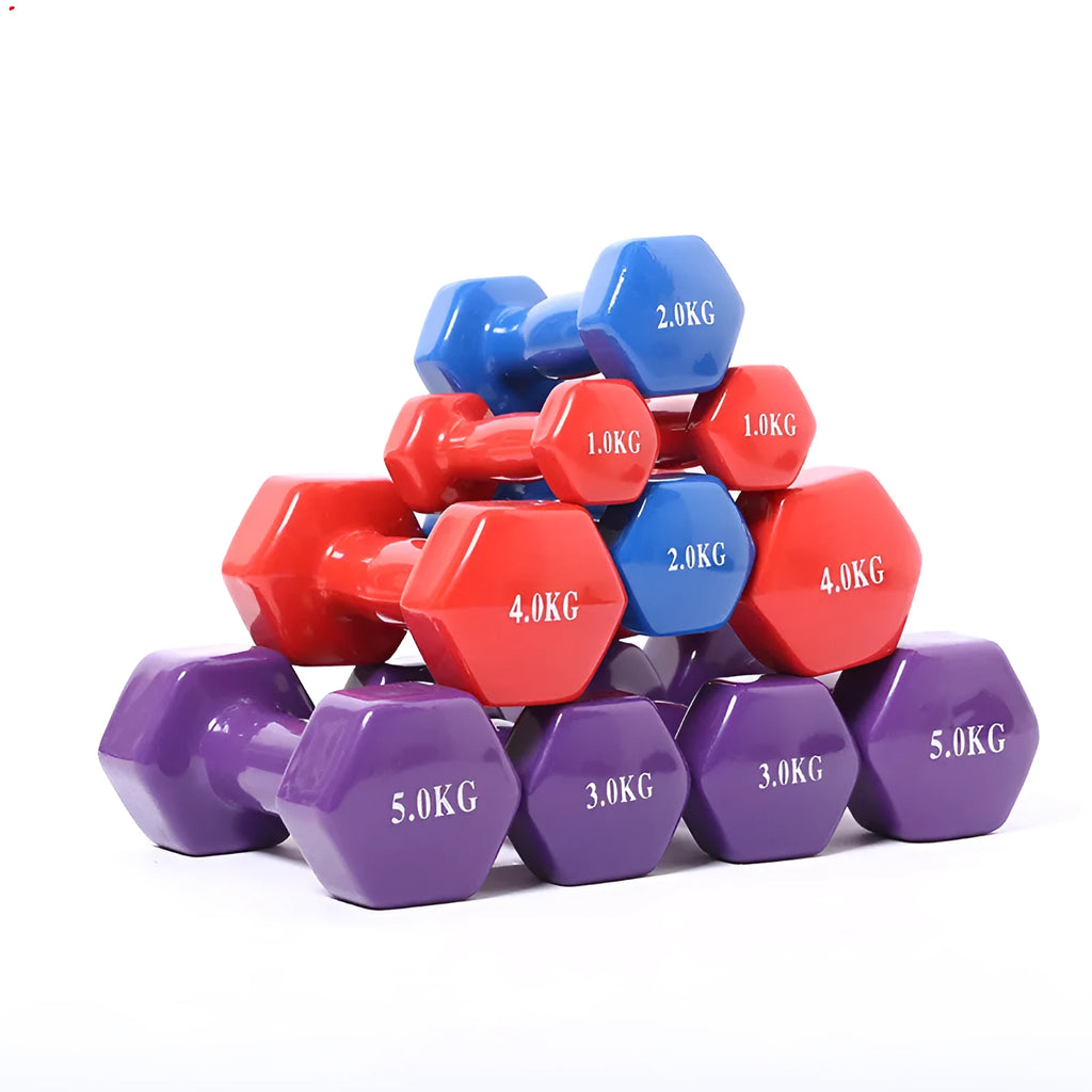 Bright colour plastic-coated fitness dumbbells in 0.5KG, 1KG and 1.5KG weights for floor-protected home workouts