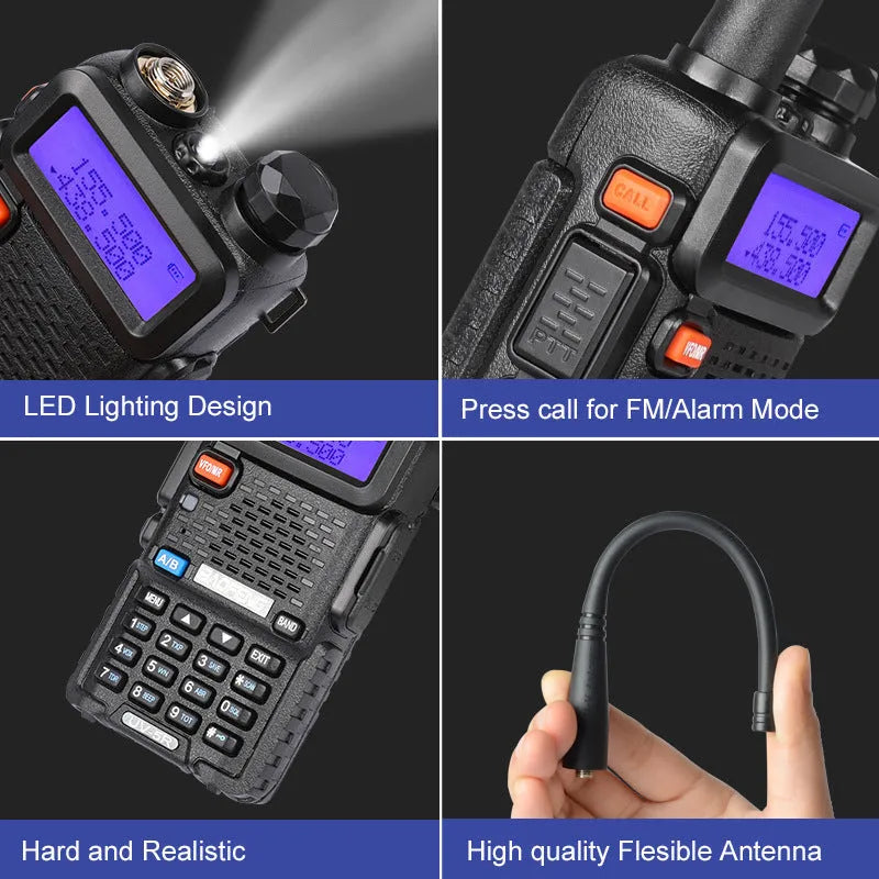 Professional black walkie talkie with LCD display showing dual-band VHF/UHF frequency operation