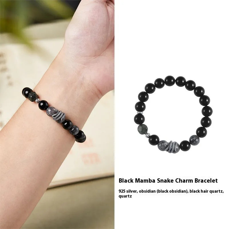 S925 sterling silver obsidian snake bracelet with 10mm retro zodiac design for men