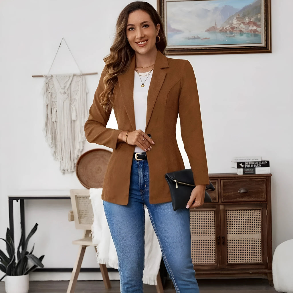 Brown men's single-breasted leisure suit coat with lapel collar on a hanger.