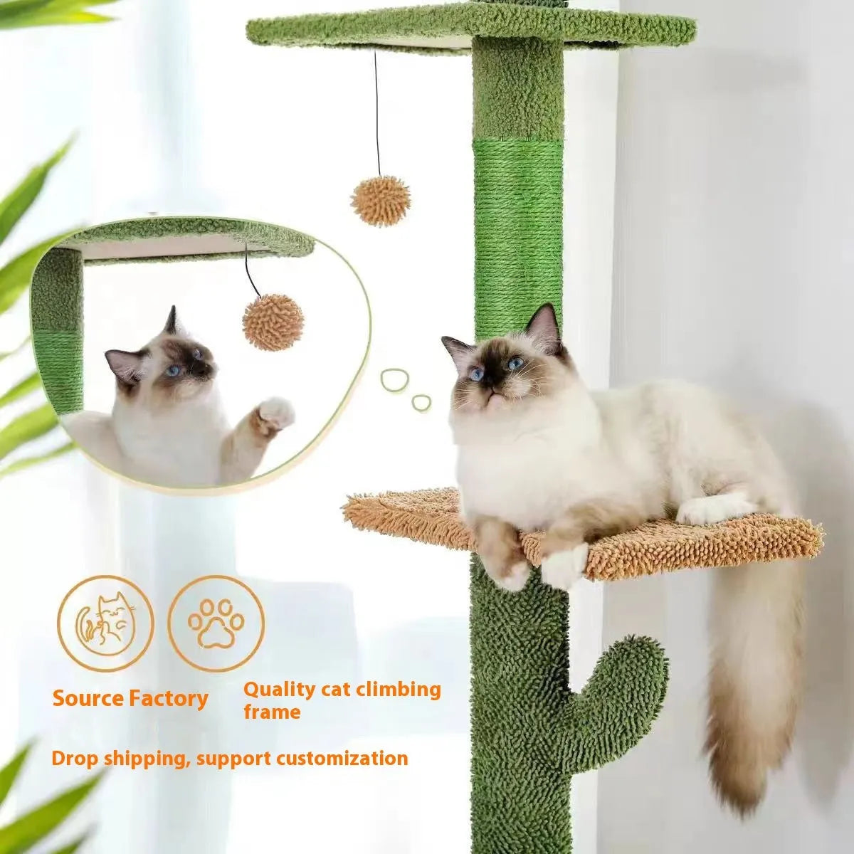 Tall solid wood cat climbing frame with integrated scratch board, high cat nest, and hidden toy compartment.