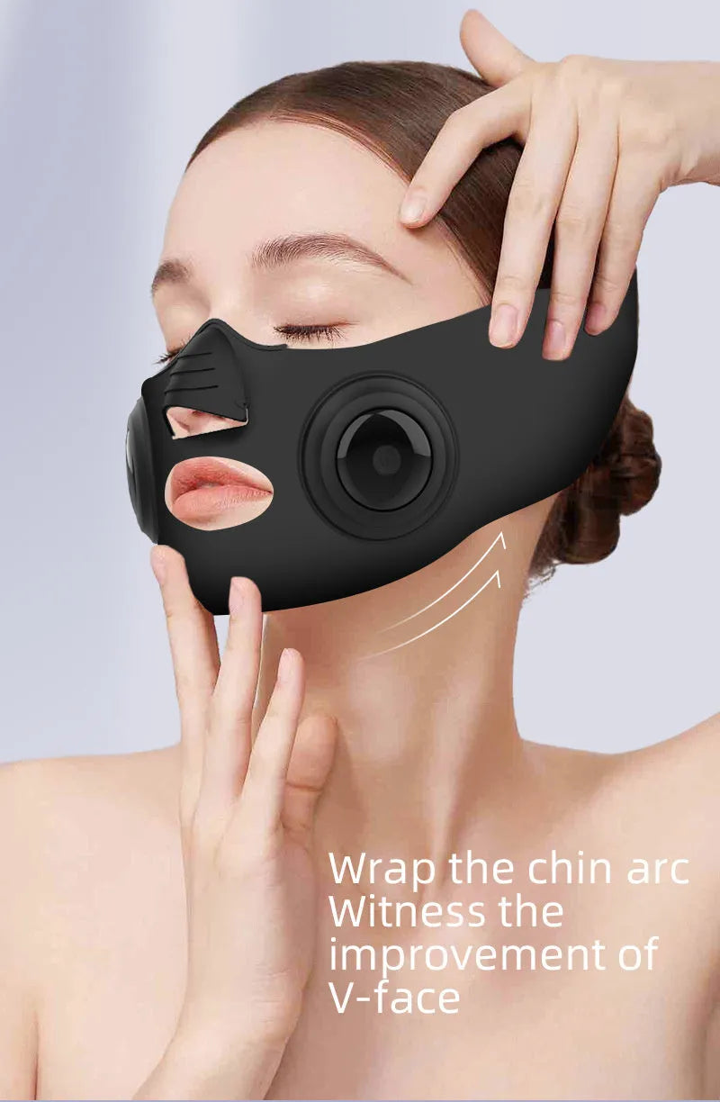 Black handheld photon facial mask beauty device with USB port and adjustable settings.