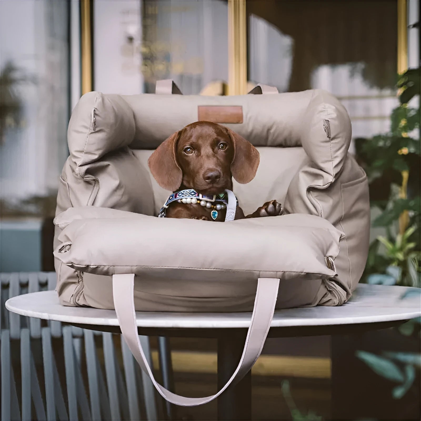 Green waterproof dog car nest with removable washable cover on a car seat