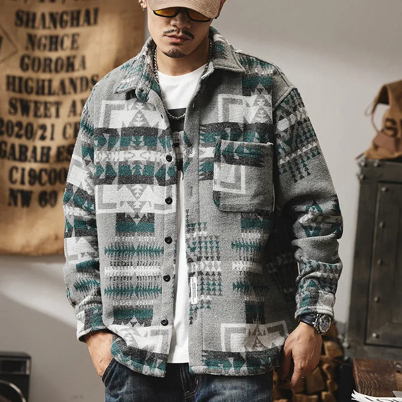 Fashion brand men's long sleeve loose fit shirt with geometric pattern in blue on display