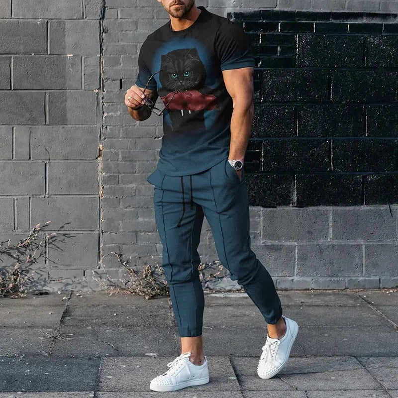 Men's short sleeve printed pullover and trousers set in thin polyester blend fabric for sports and casual wear