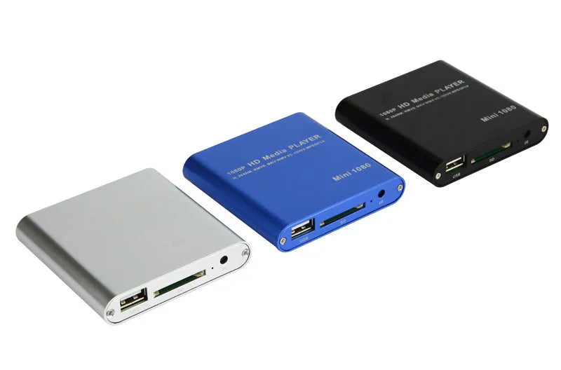 Compact black 1080P Full HD media player with ports for HDMI, USB, SD card, and power.