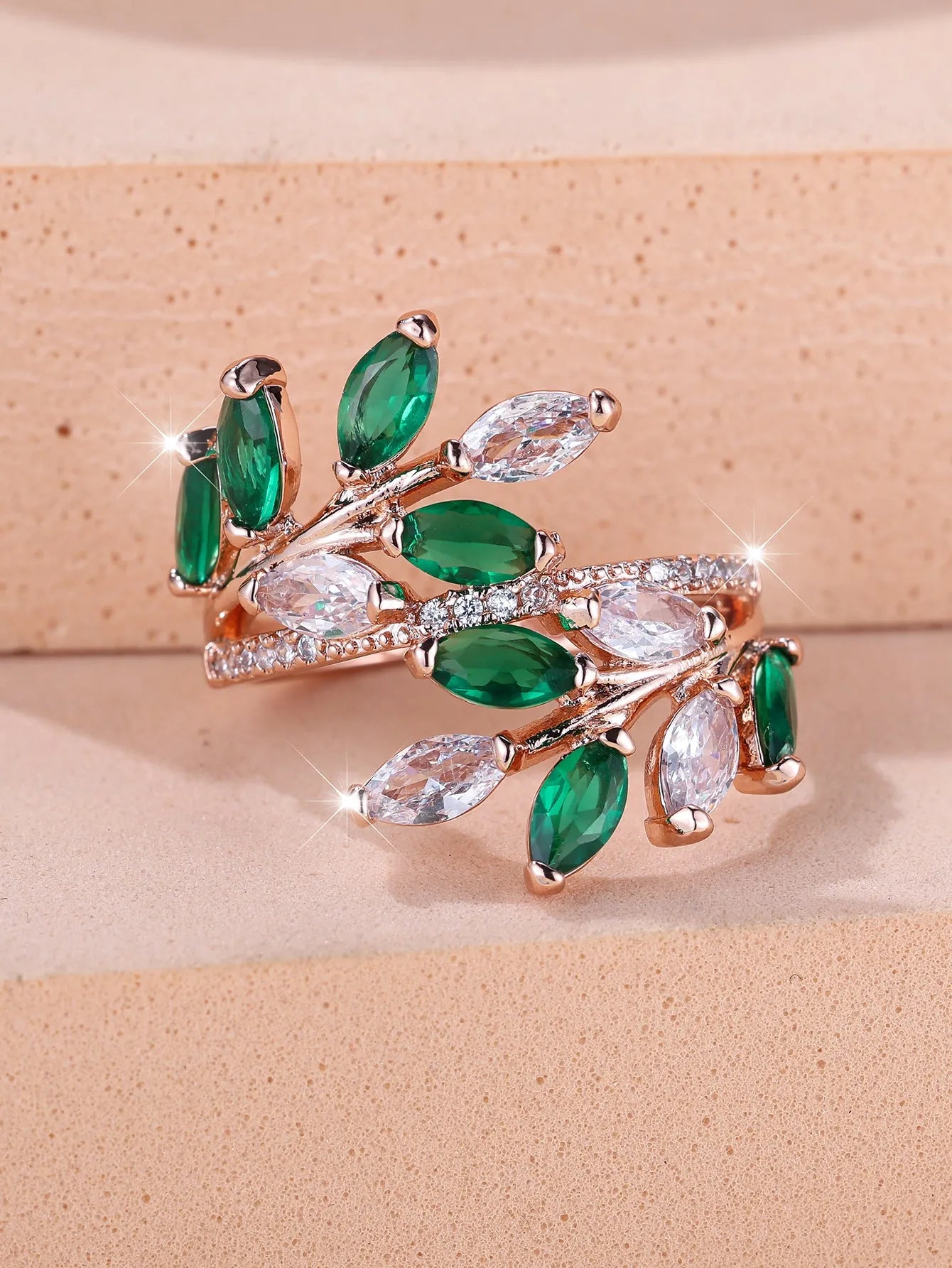 Adjustable horse eye zircon leaf fashion ring in copper with multiple colour options