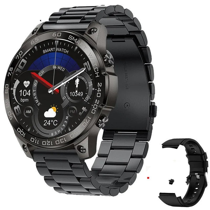 Bluetooth sports watch with circular AMOLED screen showing fitness data on silicone strap