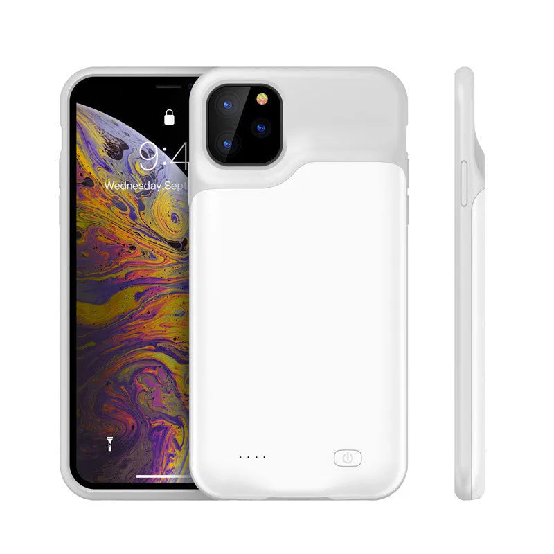 Shockproof silicone iPhone battery charger case shown in available colours: black, blue, pink, and white.