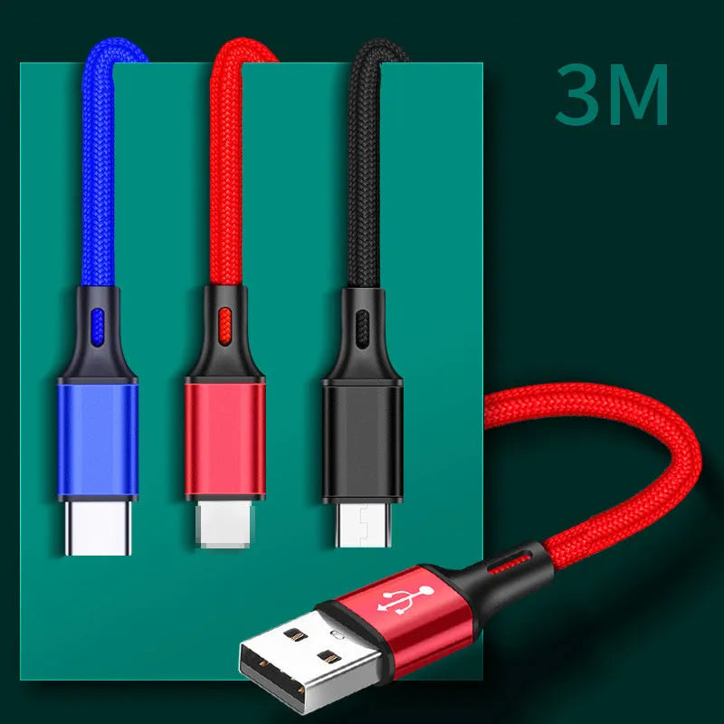 Long mobile phone data cable in multiple colours with Type-C and USB connectors