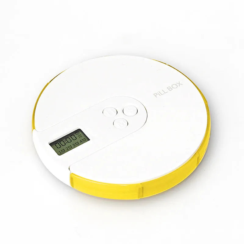 Seven-compartment alarm clock pill dispenser showing front display and storage slots.