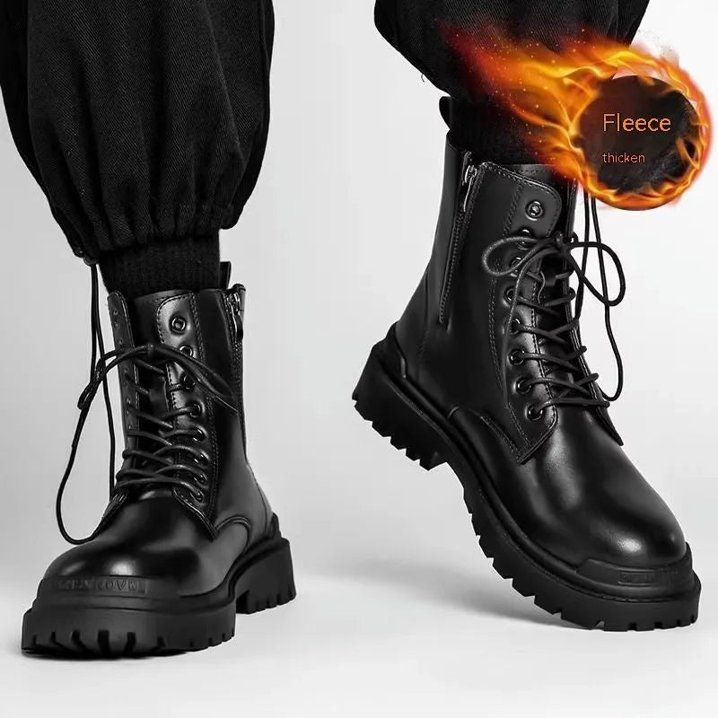 Men's black mid-top Tide British leather boots with a flat rubber sole on a neutral background.