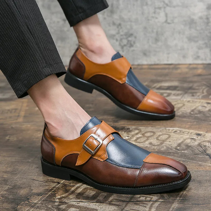 Men's tall crown leather shoes with retro buckle in brown blue and black colours