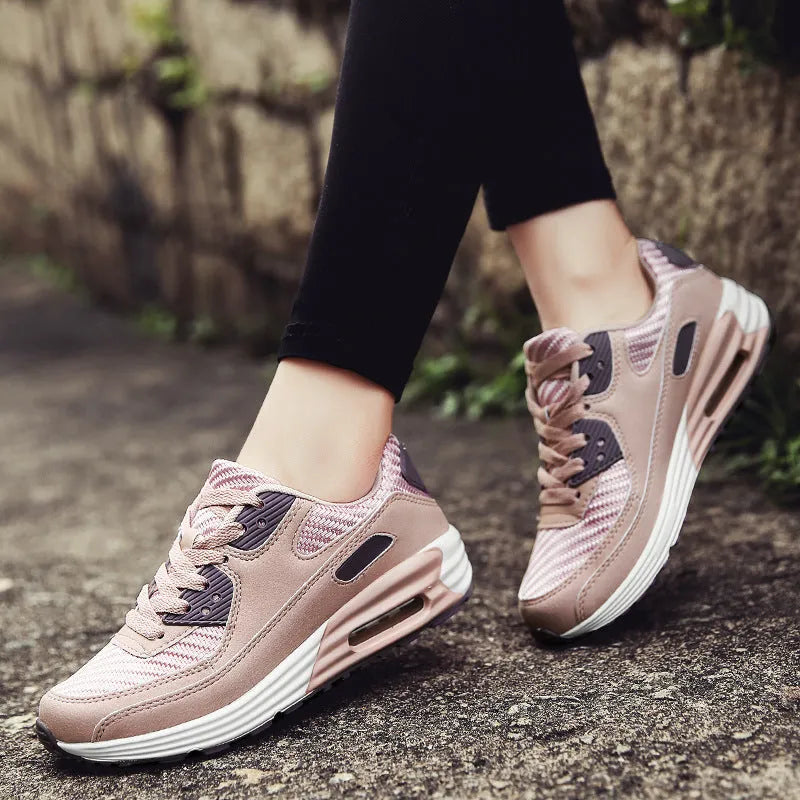 Women's low-heel casual shoes in beige, grey, and pink purple, showing a 3.5cm heel.