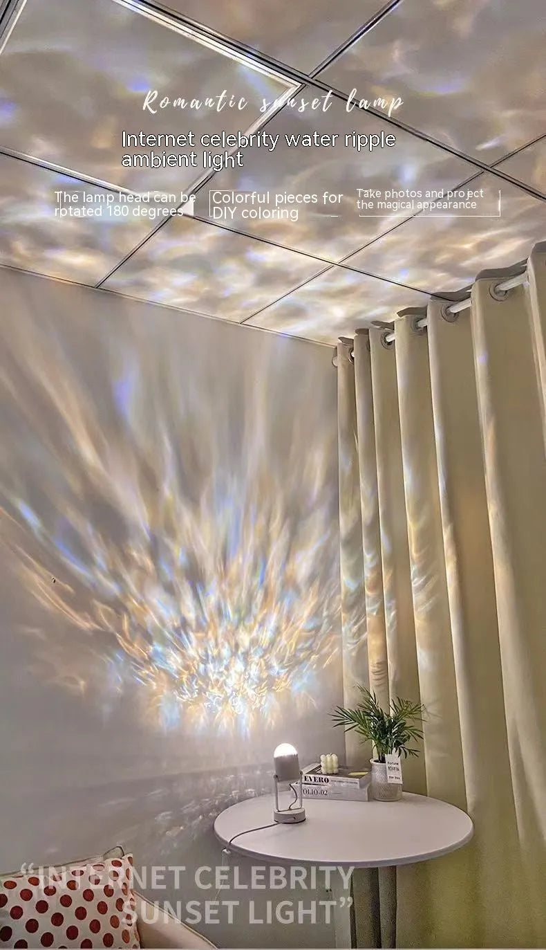 Water ripple projection atmosphere lamp showing light patterns in ceiling or desktop configuration