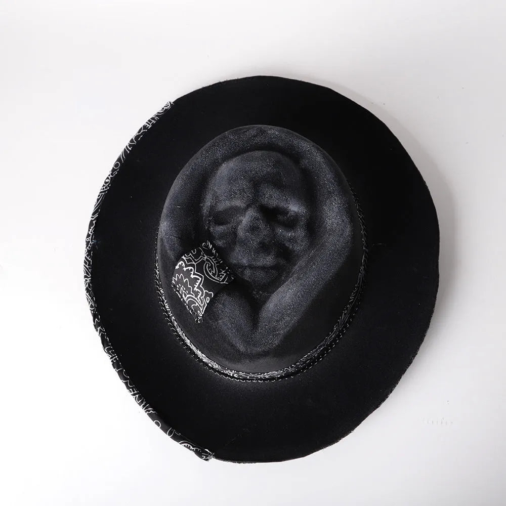 Black handmade wool felt skull hat with conical crown for Halloween costumes