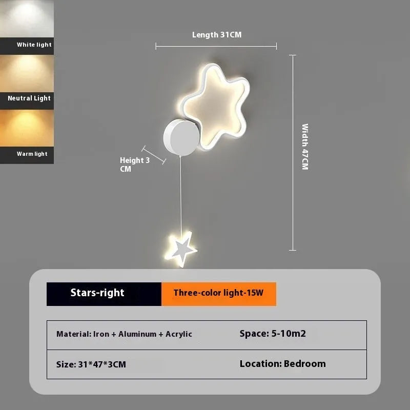 Cloud and star-shaped children's bedside wall lamp with LED lighting in black or white finish