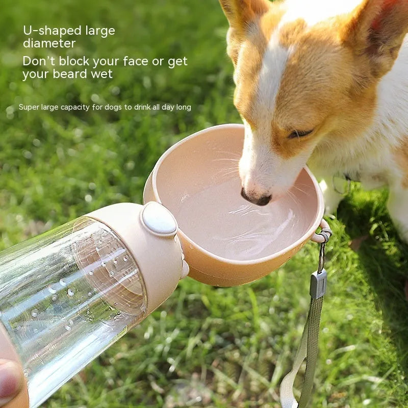Portable dog water bottle and food container in yellow, pink, and brown colour options.