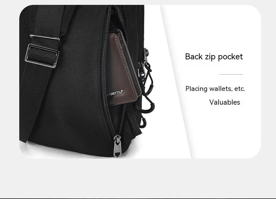 Casual black TPU chest pack with single shoulder strap showing landscape pattern details