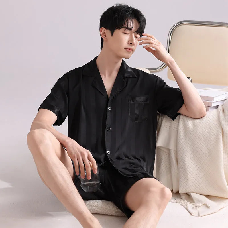 Men's ice silk pajama set in a blue houndstooth pattern, showing cardigan top and shorts.