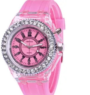 Women's LED luminous quartz watch with round 43mm alloy case and colourful silicone strap options.