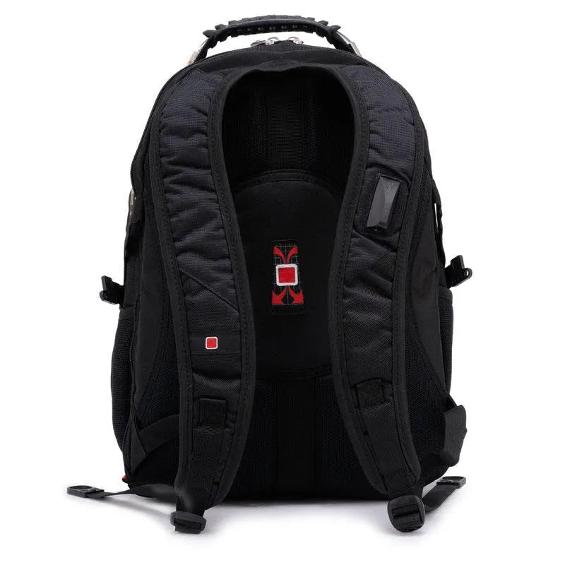 Black business computer backpack with multiple compartments open, showing laptop sleeve and organiser pockets