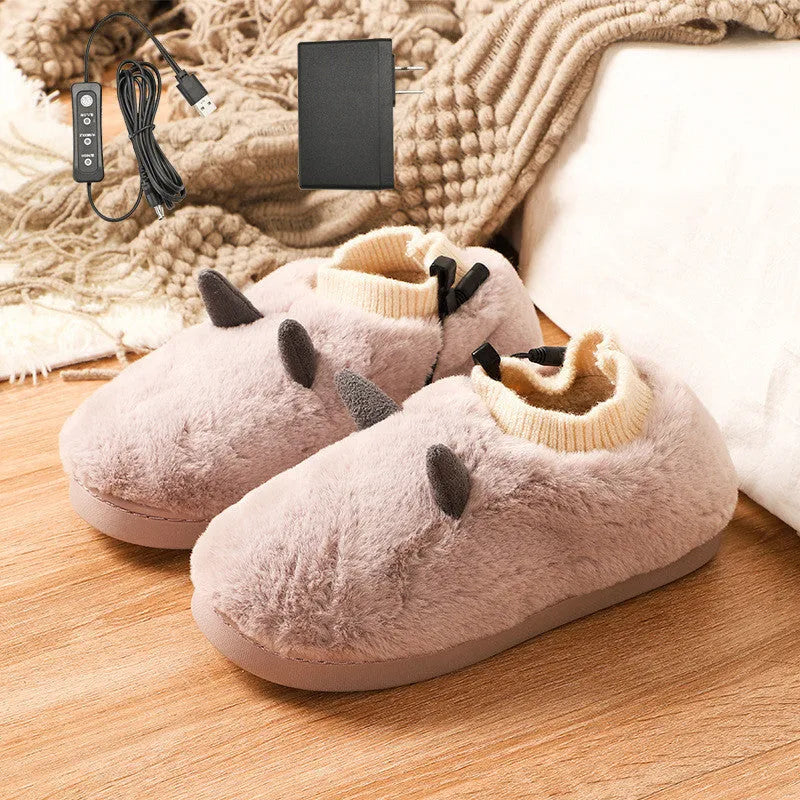 Plush velvet USB heating slippers with a USB cable and power converter, shown in taro purple colour.
