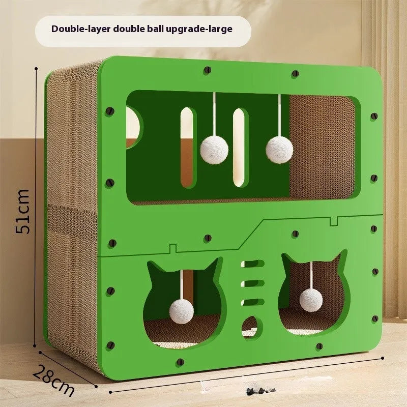Double layer cat scratching board with attached enclosed cat nest in selected style