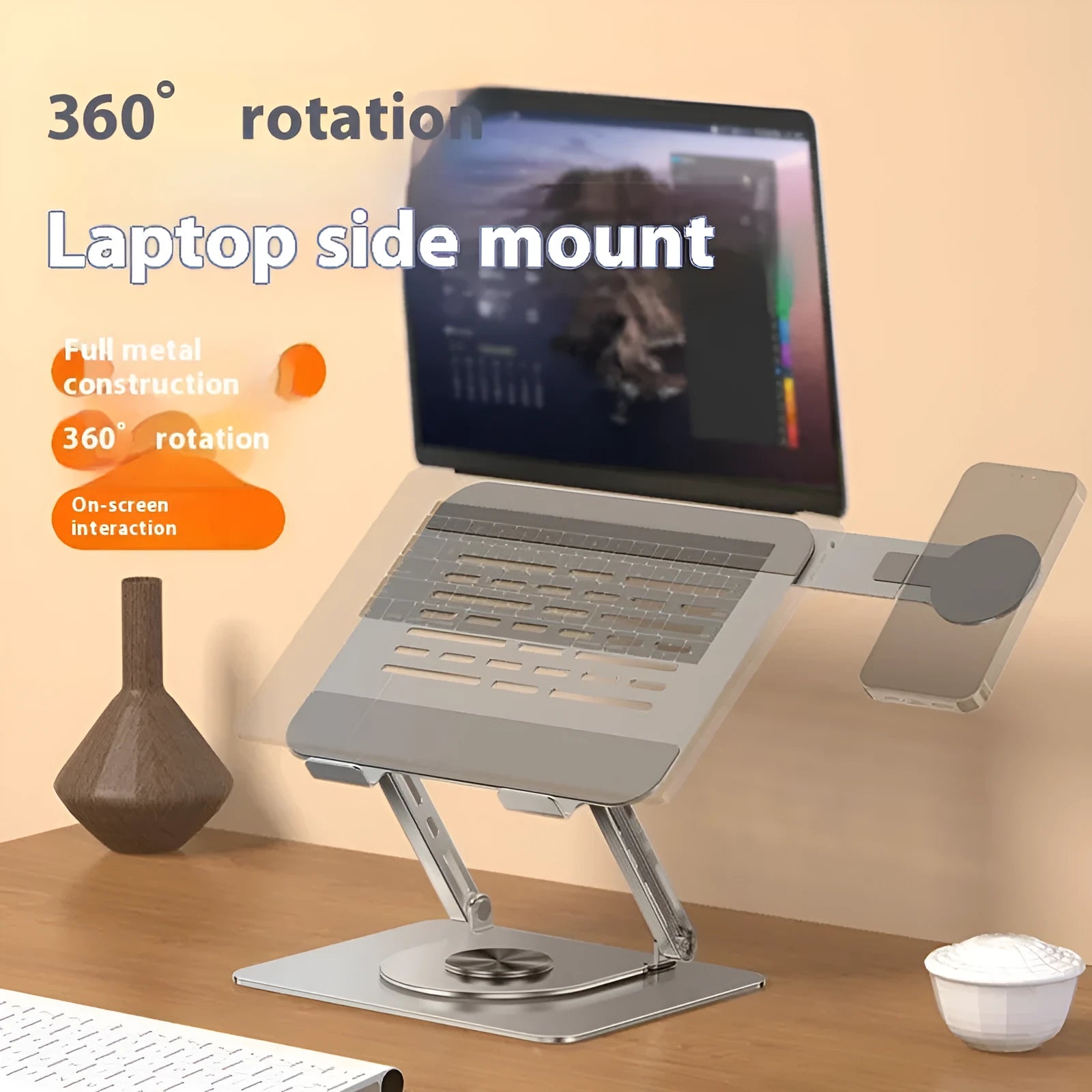 Silver carbon steel laptop stand with 360-degree rotation and side-mounted magnetic phone holder
