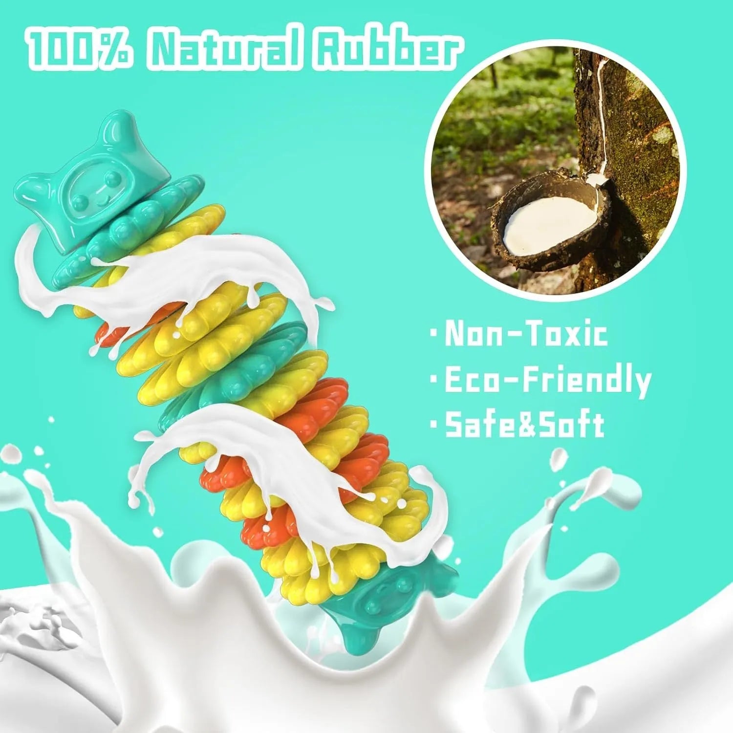 Blue green pink caterpillar-shaped natural rubber dog chew toy for aggressive chewers on a plain background.