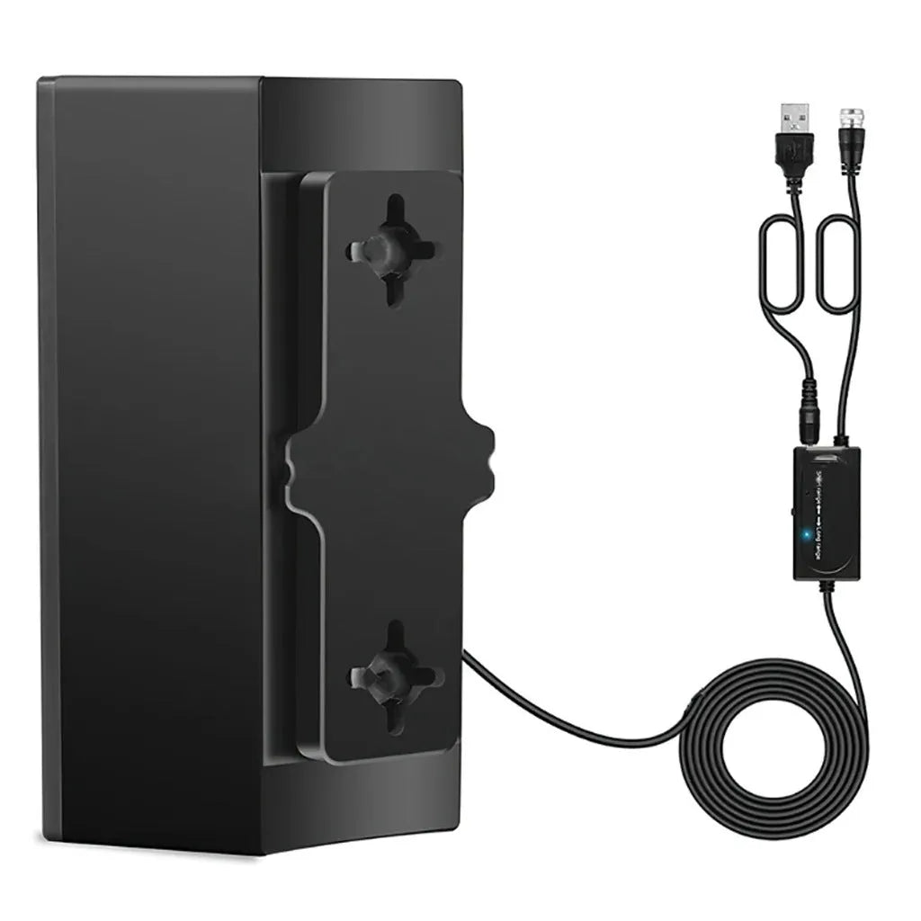 Black plastic digital television antenna with mounting hardware on white background