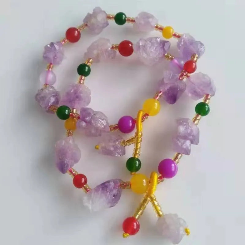 Women's natural style amethyst bead bracelet with a decorative fu character.