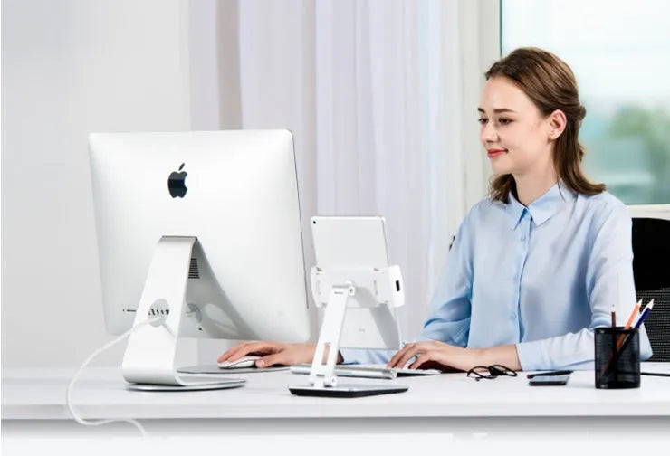 Silver folding aluminium desktop phone and tablet stand with 360° rotating base