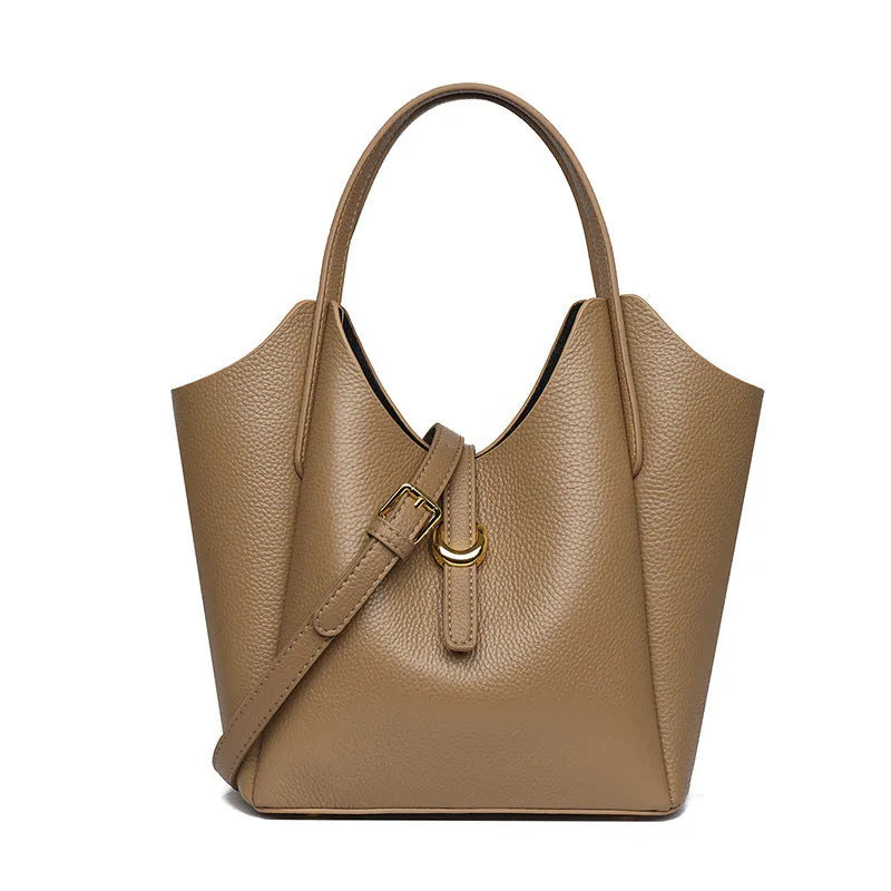 Genuine leather women's retro bucket handbag in beige colour showing sandwich pocket detail