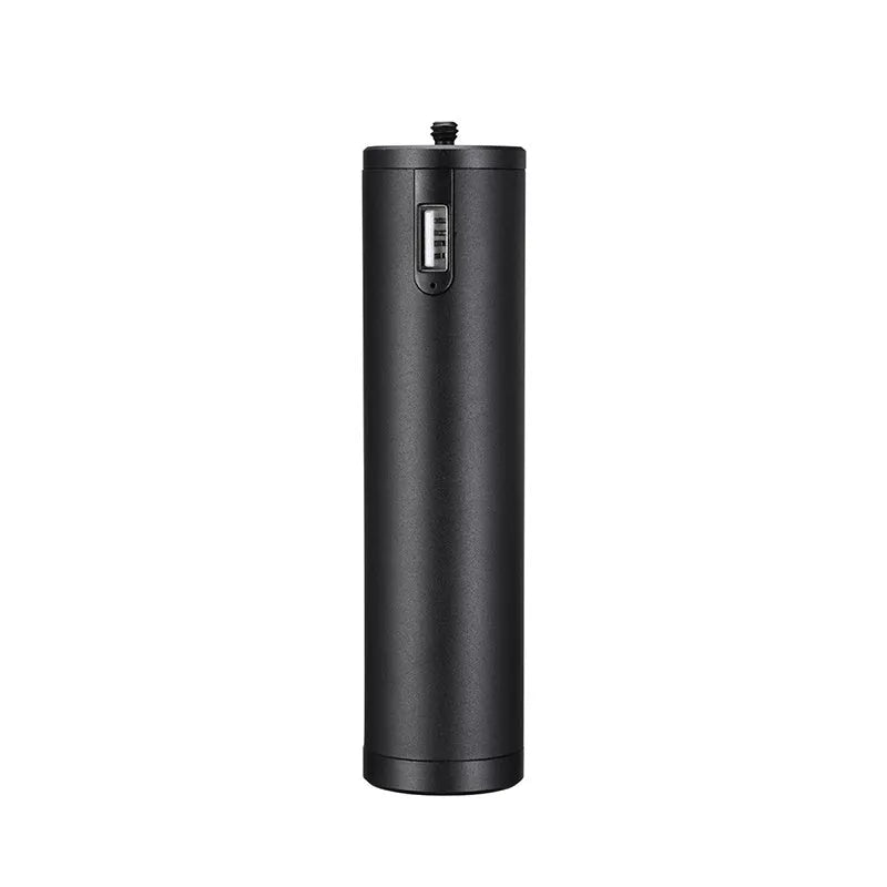 Black aluminium power bank with a carry handle, showing slim 12.5cm length.