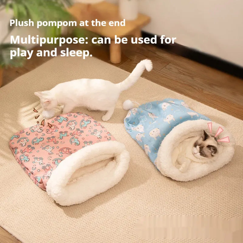 Flannel cat sleeping bag nest bed in blue rabbit print, size 50 cm by 40 cm.