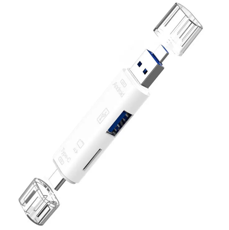 Black and white USB Type-C to Micro USB OTG hub adapter with TF card reader slot