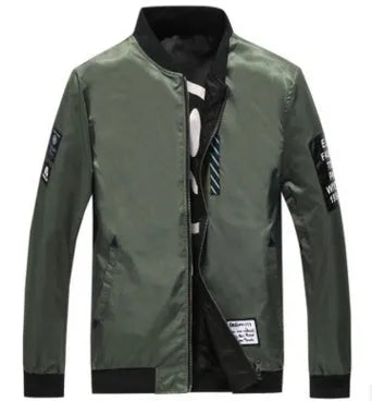 Reversible men's flight jacket showing stripe pattern, zip placket, and no collar design