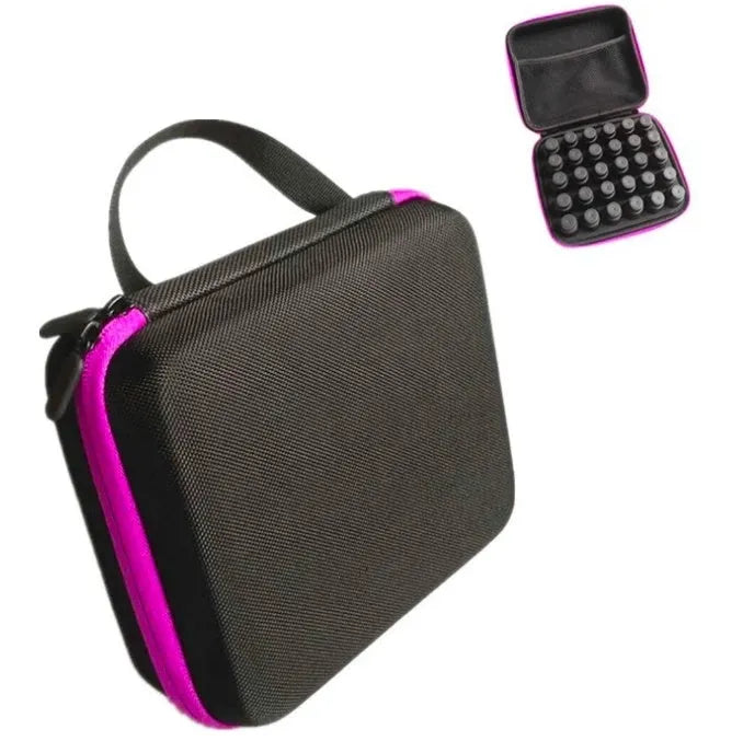 Red EVA essential oil storage bag with 30 compartments for 15ml bottles, shown with zipper closed
