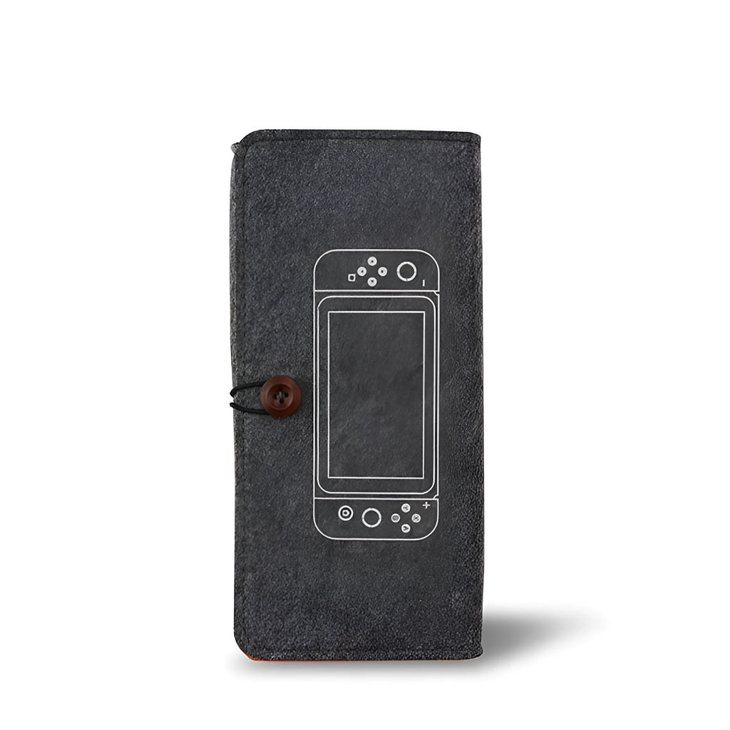 Black felt pouch for Nintendo Switch open to show console compartment and five game card slots