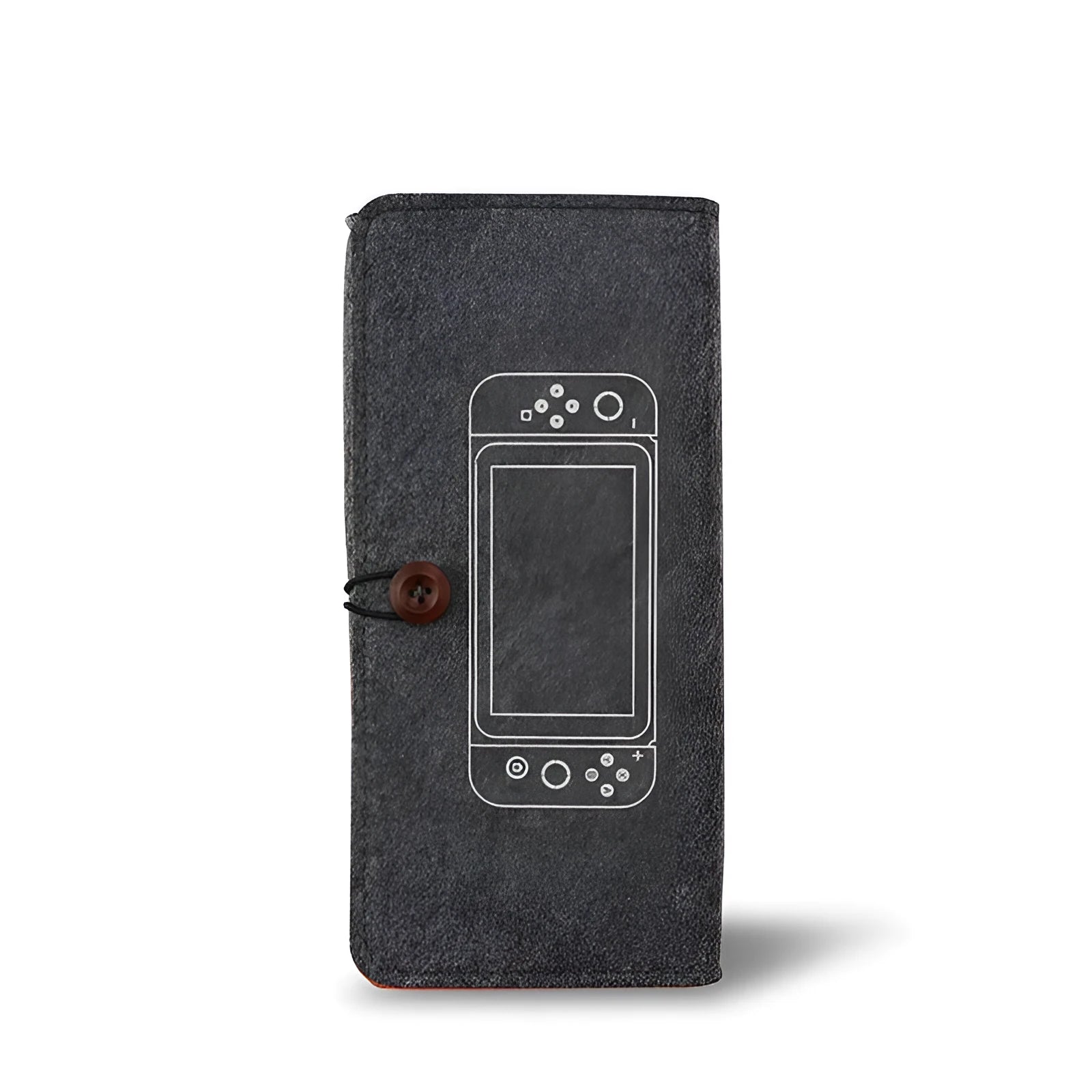 Black felt pouch for Nintendo Switch open to show console compartment and five game card slots
