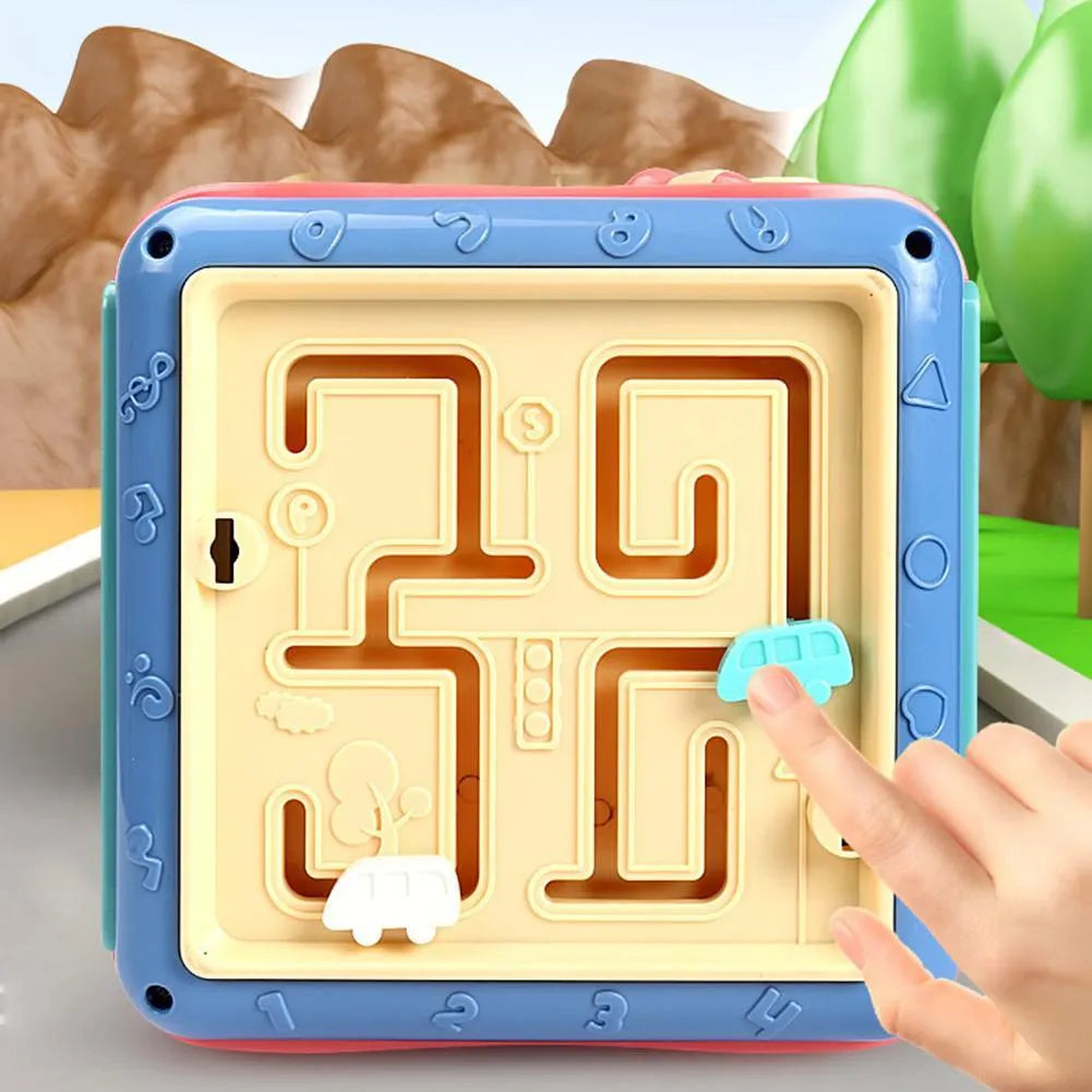 17cm hexahedron educational toy cube showing bead maze, gear connections, and clock face activities