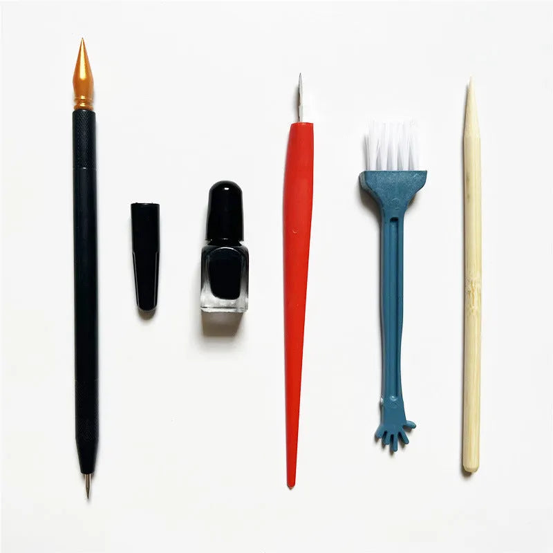 Scratch painting tool kit with scraper pen, repair solution, brush, and bamboo stick for artwork detailing